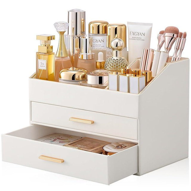 Lolalet Makeup Organizer for Vanity Desk, 3-Layer PU Leather Luxury Make Up Storage Cosmetics Holder Box with Drawers -Cream