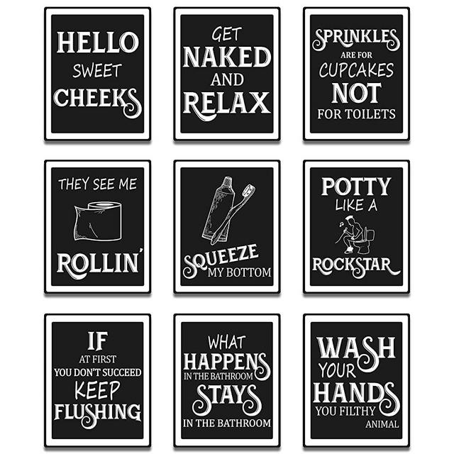 9 Pieces Bathroom Wall Art Wall Decor, Funny Vintage Bathroom Sign Bathroom Quotes Sayings Art Prints Bathroom Posters for Wall Restroom Bathroom Decor Pictures, Unframed (White Font)