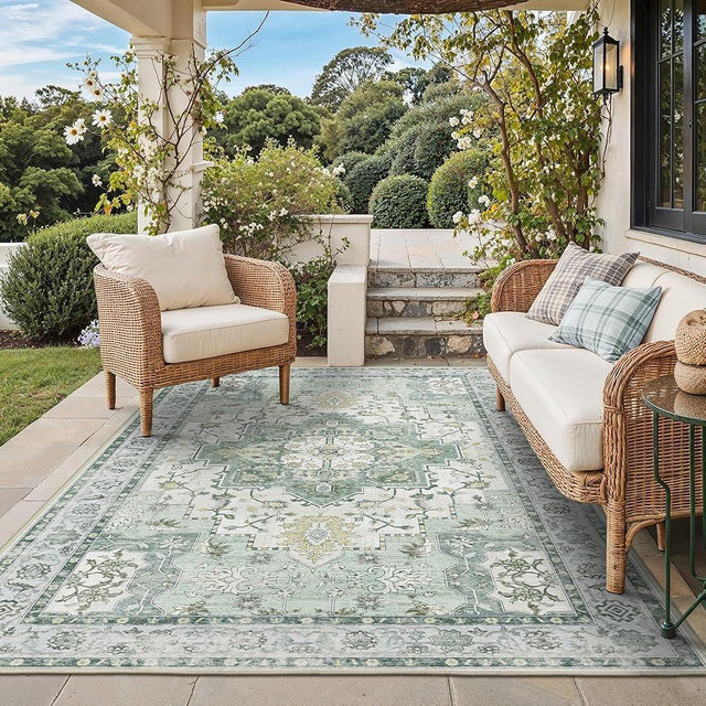 GENIMO Outdoor & Indoor Area Rug 5'x8', Waterproof, Non-Shedding, Easy Cleaning, Boho Mat for Patio, Living Room, Balcony, Dining Room, RV, Deck, Bedroom, Camping, Outside Carpet,Light Green