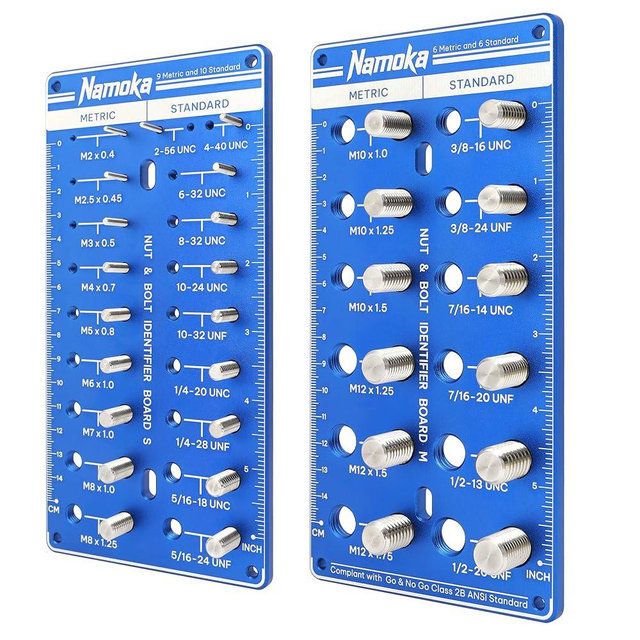 NAMOKA Thread Checker, Nut and Bolt Thread Checker, Thread Checker Standard and Metric, Identify 16 SAE & 15 Metric Sizes, Bolt Size Finder, Durable Aluminum Alloy & Stainless Steel Thread Gauge