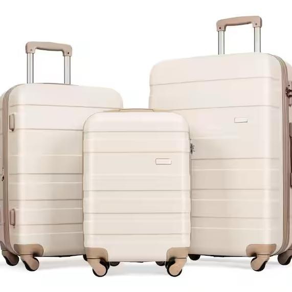 Ivory and Golden Lightweight Durable 3-Piece ABS Hardshell Spinner Luggage Set with TSA Lock