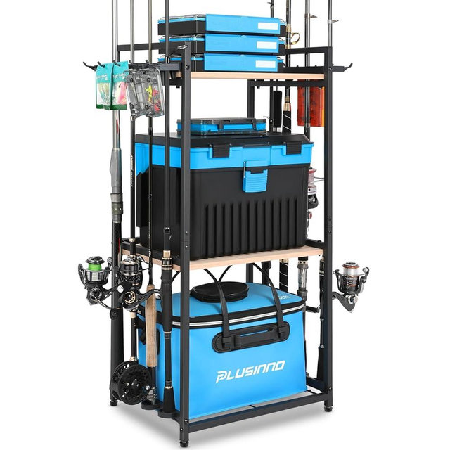 PLUSINNO 3 Tier Fishing Rod Holder, Fishing Pole Holders for Garage, Fishing Rod Rack Fishing Rod Storage Up to 8 Rods, Fishing Gear Tackle Box Fishing Equipment Organizers, Fishing Gifts for Men