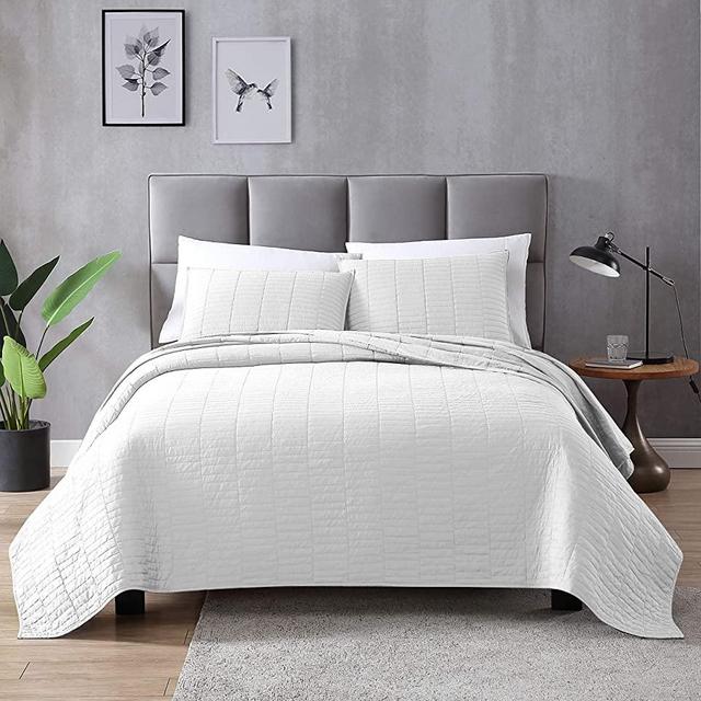 EXQ Home Quilt Set King Size White 3 Piece,Lightweight Microfiber Coverlet Modern Style Stitched Quilt Pattern Bedspread Set