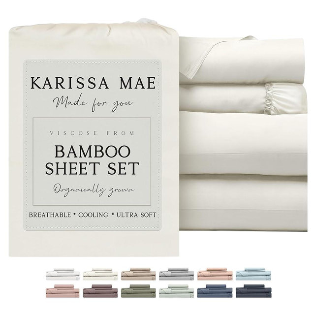 KARISSA MAE Cooling Bamboo Viscose Queen Sheet Set | 100% FSC Certified | 18” Deep Pocket | Silky, Soft, & Hypoallergenic | with Organizer Band & Elastic Corner Straps [Ivory]