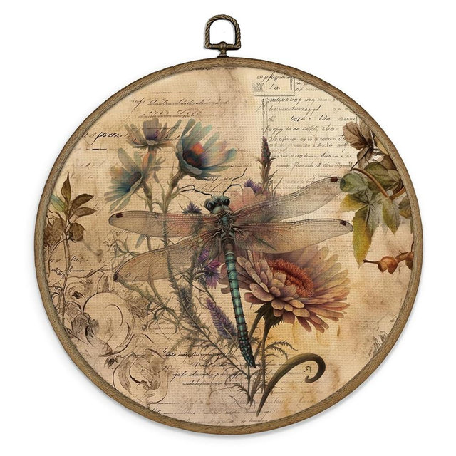 MAQIKA Vintage Dragonfly Framed Wall Art Decor, Dragonfly Wall Decor, Dragon Fly Botanical Round Wall Hanging Decor, Retro Dragonflies Canvas Prints Wall Art for Bedroom Living Room, 10x10 Inch