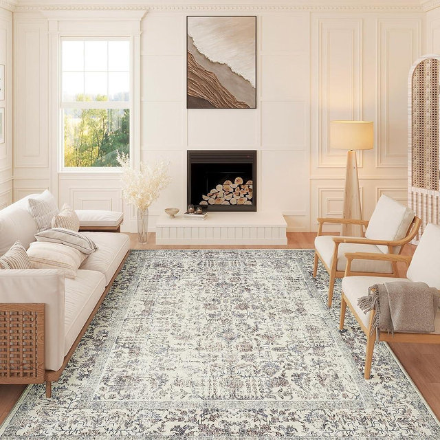 PureCozy Taupe Area Rug 8x10 Indoor Vintage Living Room Carpet Washable Distressed Rug Floral Bedroom Rug Retro Accent Throw Rug for Office Dining Room Nursery