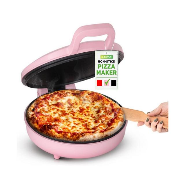 NutriChef Countertop Pizza Maker - Non-Stick Electric Pizza Oven with Cool Touch Handle and Uplift Function, Includes Spatula (Pink)