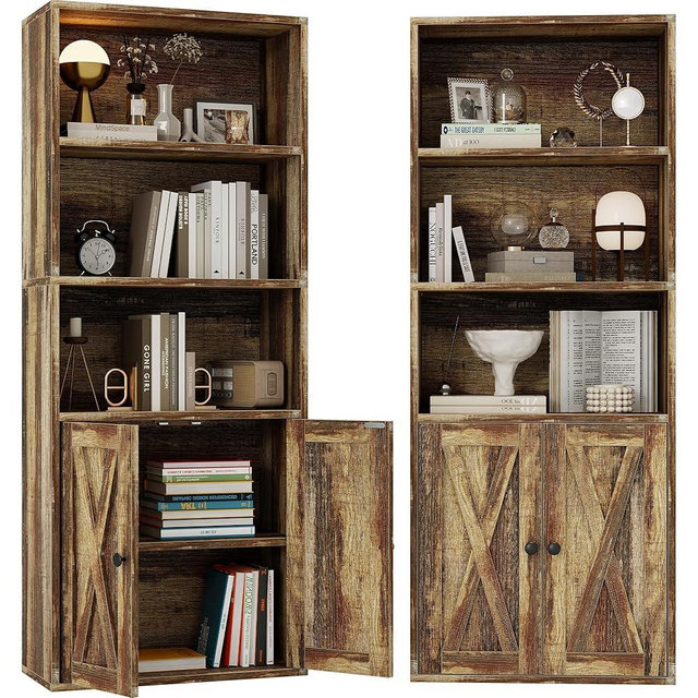 IRONCK Industrial Bookshelves and Bookcases with Doors 11.8 in Depth Set of 2 Floor Standing 5 Shelf Display Storage Shelves Bookcase Home Decor Furniture for Home, Office, Living Room, Bedroom