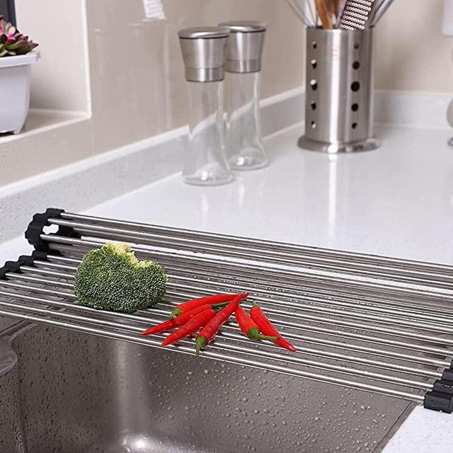 Ahyuan Roll up Dish Drying Rack Over The Sink Dish Drying Rack 304 Stainless Steel Dish Rack Foldable Dish Drainers for Kitchen Sink Counter (Matte Black, 11.8''Wx17.8''L)