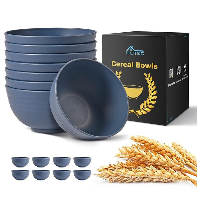 HOTEC Unbreakable Wheat Straw Cereal Bowls - Microwave & Dishwasher Safe Soup and Salad Bowls, Set of 8, 26oz, BPA Free, Classic Blue