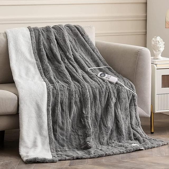 HOMLYNS Electric Heated Blanket Twin Size with 1-12hrs Timer Auto-Off &10 Heating Levels,Faux Fur & Sherpa Heating Blanket ETL Certified Machine Washable (62”x84”,Grey)
