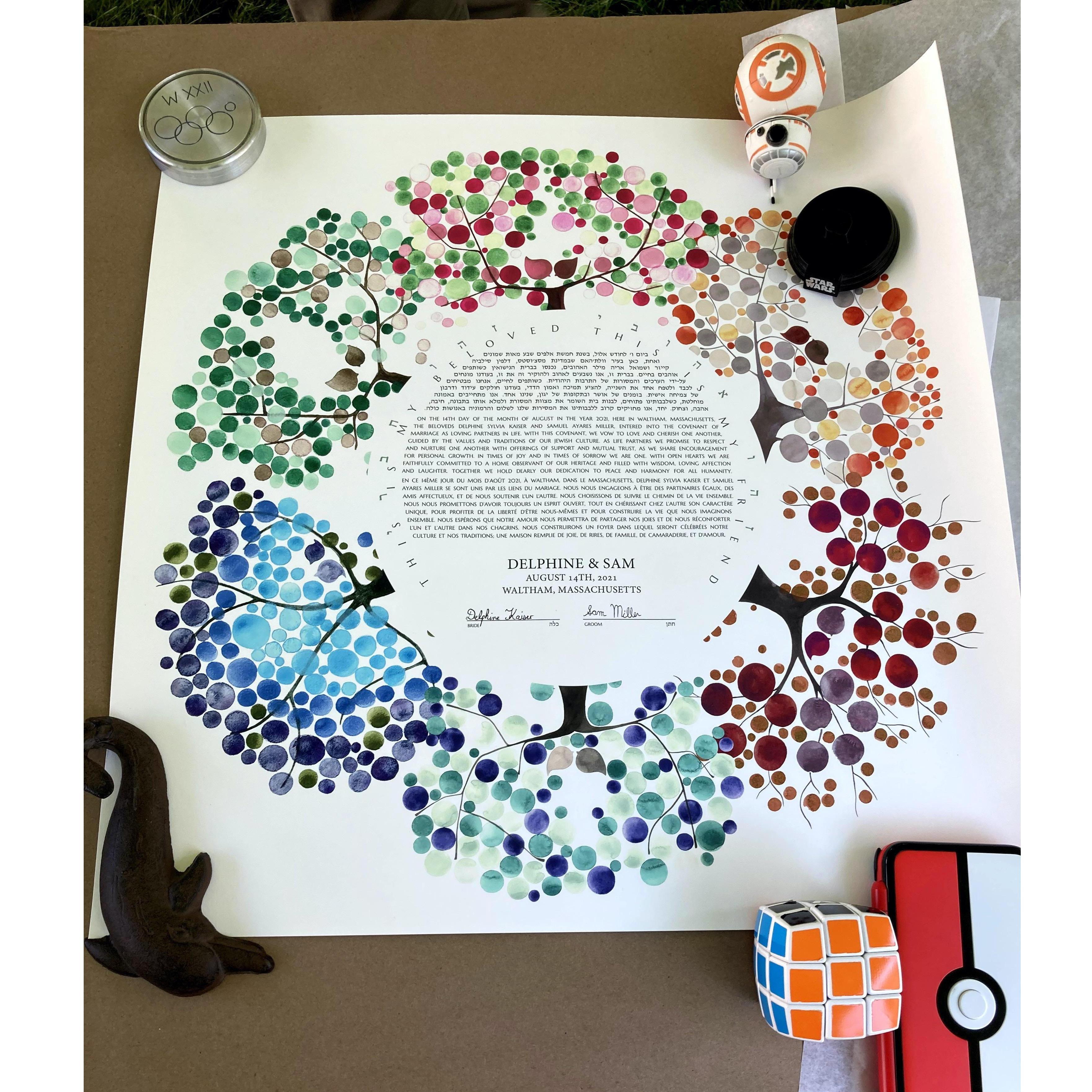 A ketubah is a traditional Jewish mariage contract. Ours isn't traditional, it's secular and in 3 languages (English, French, Hebrew). To keep it from blowing away, we used some of our favorite items.