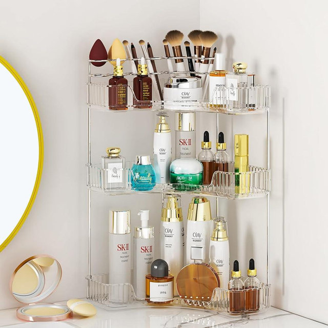 SUNZOS 3-Tier Corner Bathroom Counter Organizer, Bathroom Organizer Countertop with Makeup Brush Holder, Vanity Makeup Cosmetic Storage, Corner Storage Organizers for Bathroom, Kitchen, Dresser