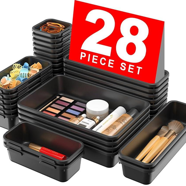 A-LuGei 【Military Grade Drawer Organizer, 【𝟱𝗦𝗶𝘇𝗲】 Makeup organizer, 【Holds 177 Items】 Bathroom Organizers and Storage, Organization and Storage, Desk Drawer Organizer for Vanity (Black)