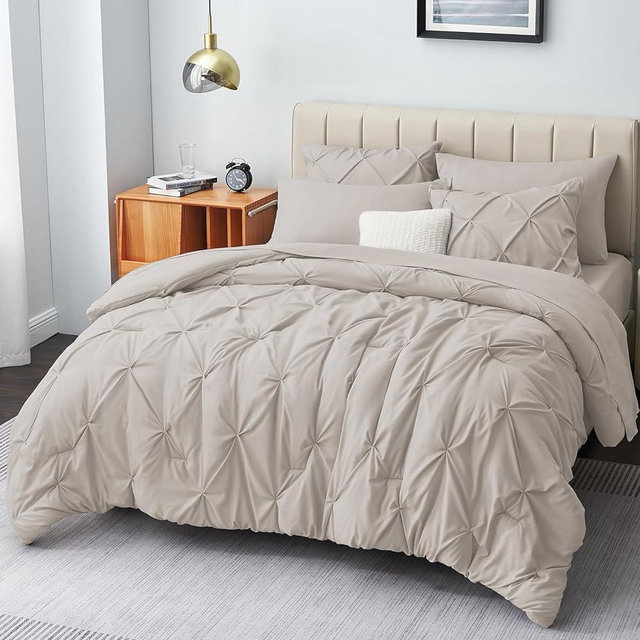 CozyLux Queen Comforter Set - 7 Pieces Comforters Queen Size Beige, Pintuck Bed in A Bag Pinch Pleat Bedding Sets with All Season Comforter, Flat Sheet, Fitted Sheet and Pillowcases & Sham