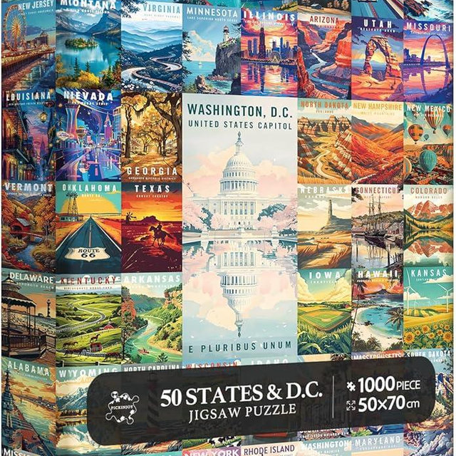 50 States & Washington, D.C. Jigsaw Puzzles for Adults 1000 Pieces, United States 1000 Piece Puzzle, Travel Poster Design of Family Puzzle,challenging Puzzle,USA States Puzzle