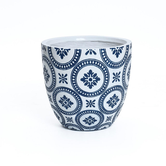 LuxenHome 9.5" Dia Round Tapered Concrete Planter Outdoor Indoor Decorative Plant Pot Blue and White Flower Pattern Garden Pot Planter Multicolored
