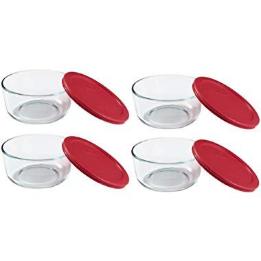 Pyrex Storage 4-Cup Round Dish with Red Plastic Cover, Clear (Case of 4 Containers)