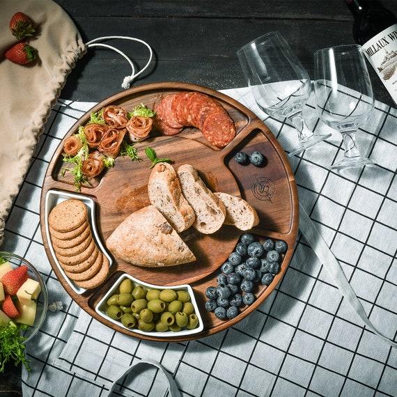 Lazy Susan Turntable Cheeseboard, Rotating Charcuterie Board with Two Olive bowls, Wooden Eco Friendly Wedding gift for Couple - Shanik