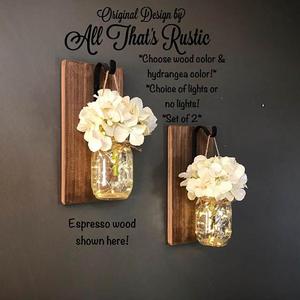 Rustic Home Decor, Home & Living, Set of 2 Hanging Mason Jar Sconces with Hydrangeas, Mason Jar Decor, Lighted Mason Jars, Mason Jar Sconces
