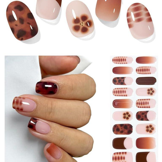 AutyaMee Semi Cured Gel Nail Strips (Brown Flower French), 20 Pcs Fall Gel Nail Wraps, Stickers, UV Light Required, Salon Quality, Long Lasting
