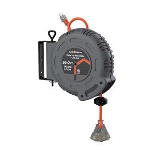 LINK2HOME Retractable Cord Reel 50-ft 14 / 3 3 Prong Gray Indoor SJTOW Medium Duty Lighted Extension Cord Reel