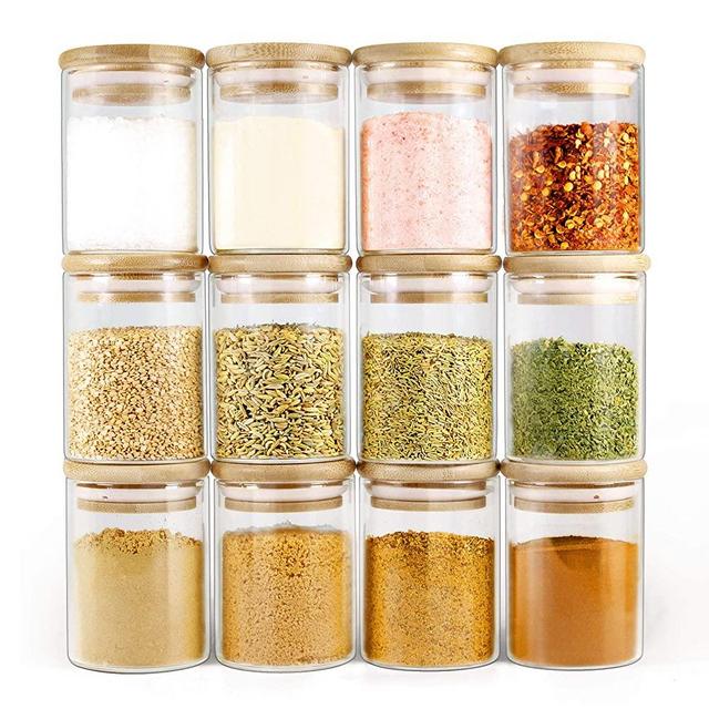 Glass Jars with Bamboo Lids EcoEvo, Glass Spice Jars Set, Glass Food Jars and Canisters Sets, Spice Glass Jars Bottles, Small Food Storage Jars for Spice, herbs, (6oz)