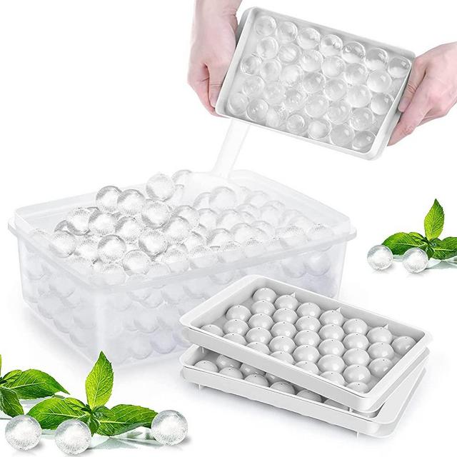 Round Ice Cube Tray with Lid Ice Ball Maker Mold for Freezer with Container Mini Circle Ice Cube Tray Making 66PCS Sphere Ice Chilling Cocktail Whiskey Tea Coffee(2 White Trays 1 ice Bucket & Scoop)