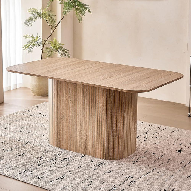Lecafur HL 63" Large Dining Table for 4 6 Person, [Rounded Corners] [Wood Strip Pedestal Base] Farmhouse Modern Rectangle Kitchen Dinner Table