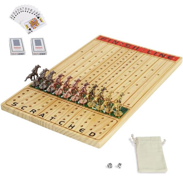 Jyquorp Horse Race Board Game Racing Game Thickened Solid Wood with 11 Luxurious Durable Classic Metal Horses with 4 Dice and 2 Boxes of Cards Horse Racing Game (Log Color, Rectangle)…