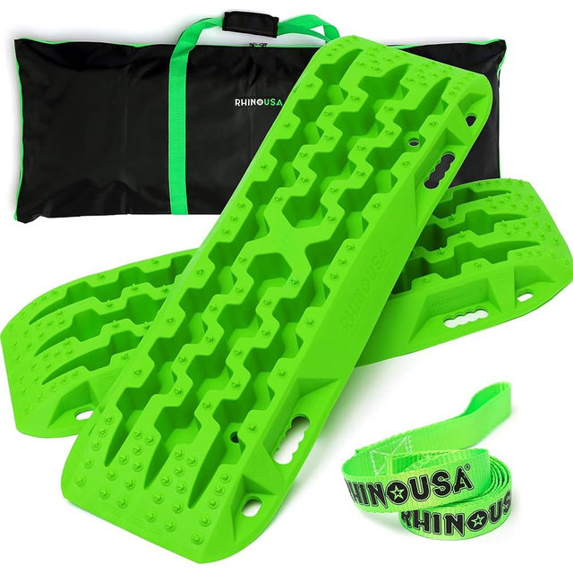 Rhino USA Off-Road Recovery Traction Boards - 2 Pack Ultimate Tire Traction Mountable Mats for 4X4 Vehicles in Sand, Mud & Snow. Heavy Duty Zipper Carry Bag and Leashes Included - (Green)