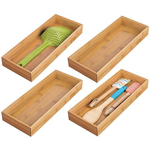 mDesign Bamboo Kitchen Cabinet Drawer Organizer Stackable Tray Bin - Eco-Friendly, Multipurpose - Use in Drawers, on Countertops, Shelves or in Pantry - 15" Long, 4 Pack - Natural Wood Finish