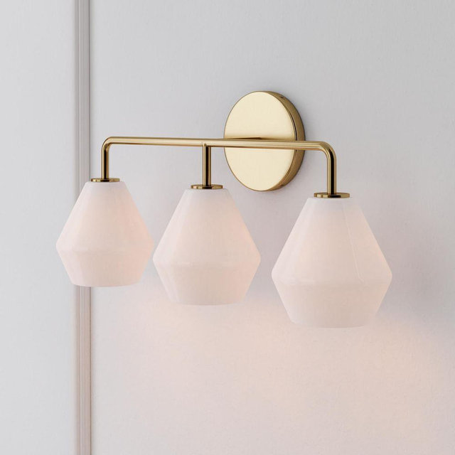 Sculptural 3-Light Sconce, Geo Mini, Milk, Antique Brass, 6.5"