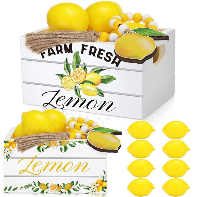 Qunclay Lemon Mini Crate Summer Tiered Tray Decor with 8 Faux Lemons with Wood Bead Tassel Farmhouse Lemonade Kitchen Decorations Summertime Wood Crate for Party Decor