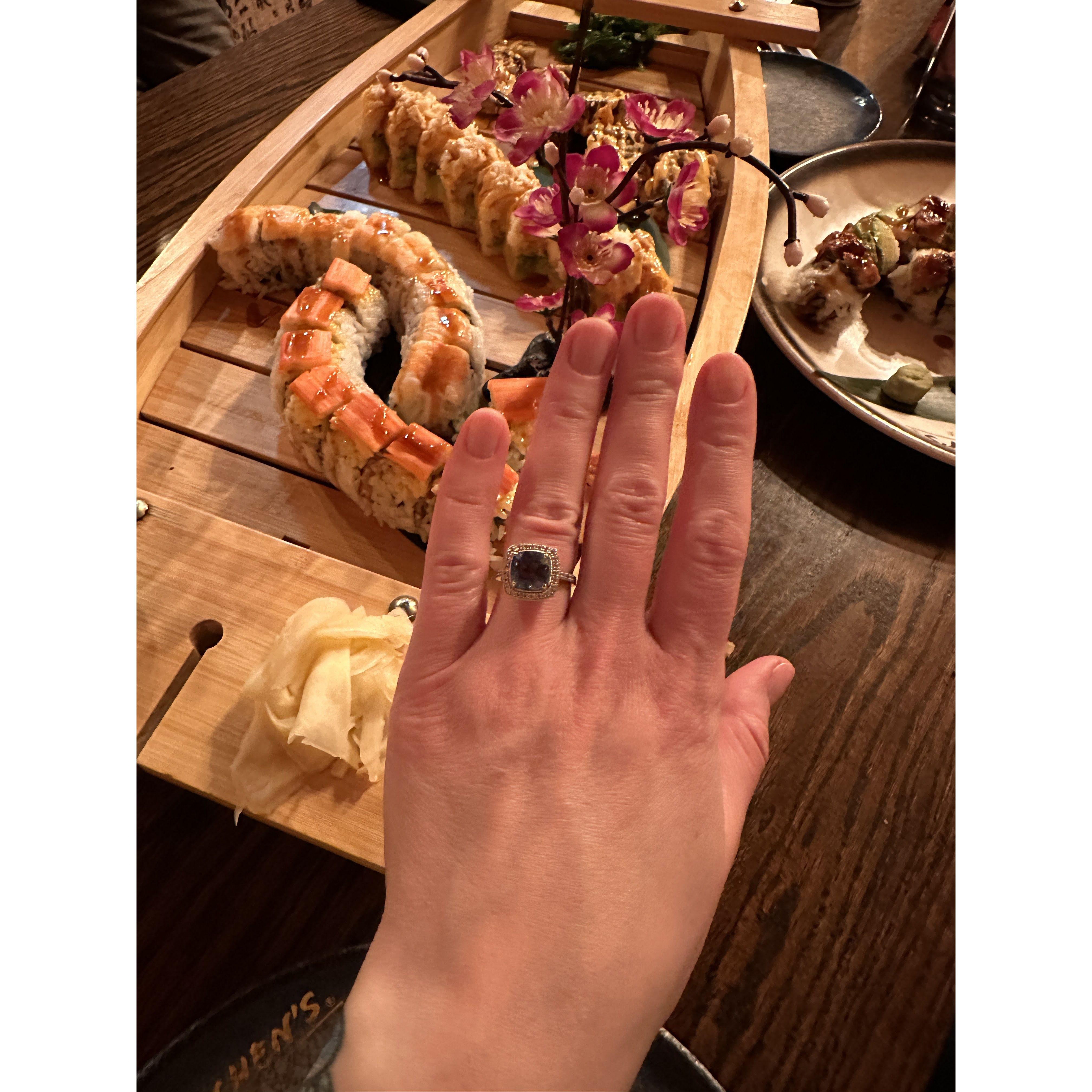 We celebrated with sushi and a bottle of sake.