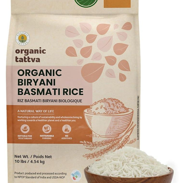 Organic Tattva Biryani Long Grain Basmati Rice (10 lbs) - Organic White Rice for Biryani - No Additive - Vegan - Non GMO - Gluten Free - USDA Certified