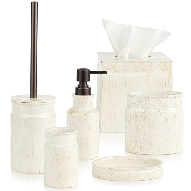 Bathroom Accessories Set - Rustic Luxe 6 Piece Bathroom Set Features: Toilet Brush and Holder, Tissue Box Cover, Soap Dispenser, Toothbrush Holder, Soap Dish & Tumbler - Modern Rustic Bathroom Decor