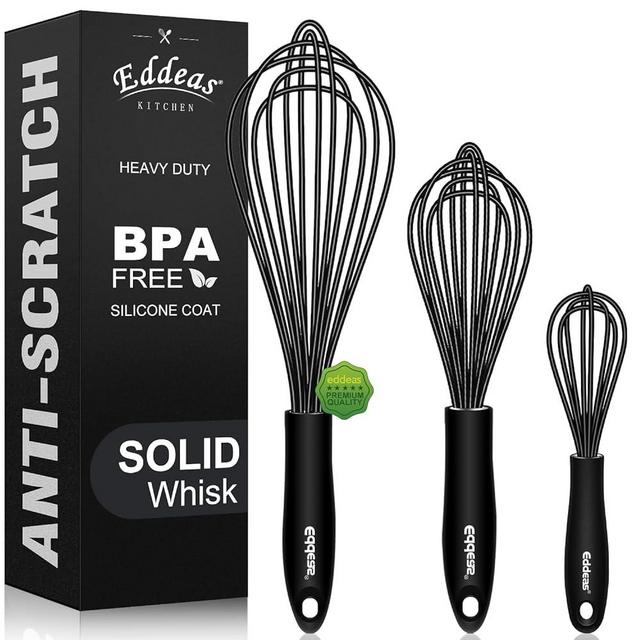 EDDEAS Silicone Whisk Non Scratch Heat Resistant Whisks for Baking, Mixing Whisk Balloon Egg wisk tools Perfect for Blending, Whisking, Beating,(3pcs Black)
