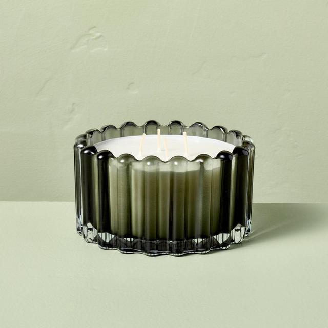 4 Wick Ribbed Glass Leather and Tonka Jar Candle Dark Green 22oz - Hearth & Hand™ with Magnolia