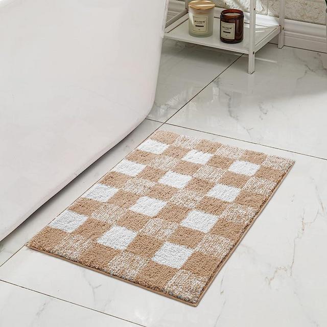 CozeCube Checkered Bath mats for Bathroom Non Slip, Plush Shaggy Bath Rugs for Bathroom Washable, Buffalo Plaid Bath mat, Beige, 48" x 24"