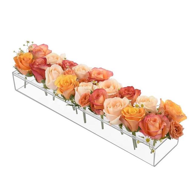 Rectangular Flowers Vases Clear Acrylic Modern Vases 17.7 Inches Long Rectangular Floral Centerpiece for Dining Table Low Decoration Vase for Wedding Christamas Party Home Dining Table Decor(18 Holes)