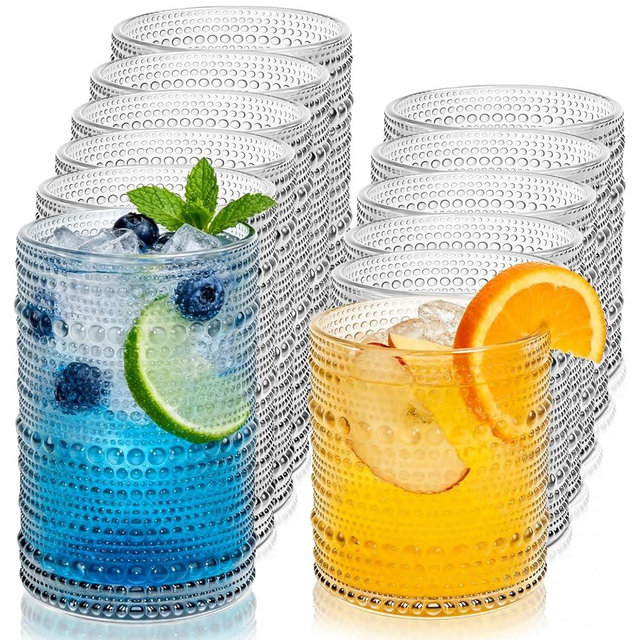 Vintage Hobnail Drinking Glasses Set of 12, 12 Oz Highball Glasses and 10 Oz Cocktail Glasses, Kitchen Glassware Set, Clear Drinking Glass Cups for Cocktail, Whiskey, Beer, Juice, Water, Milk