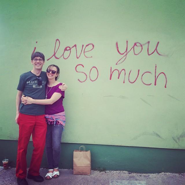 Tom and Molly visiting Austin on their way to San Antonio to visit with Tom's Aunt Nedra. Stopped at the much photographed 'i love you so much' mural outside Jo's coffee!