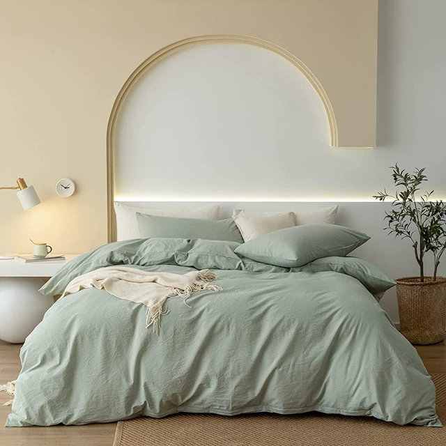 JIYUAN 100% Washed Cotton Duvet Cover Comfy Simple Style Solid Color Soft Breathable Textured Durable Linen Feel Bedding Sets for All Seasons King Size, Sage Green