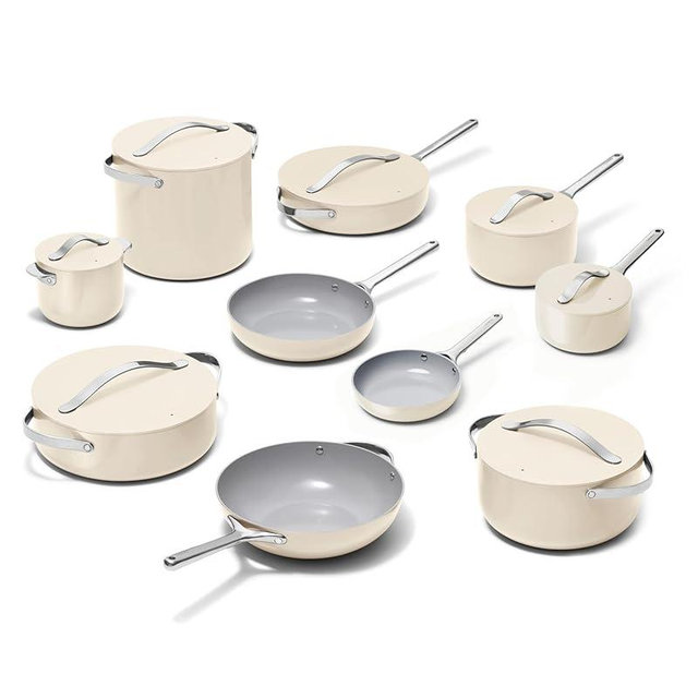 Caraway 24-Piece Nonstick Ceramic Cookware Set - Includes Fry Pans, Sauce, Sauté Pan, Dutch Oven, Petite Cooker, Stir Fry, Rondeau, Stock Pot, Lids & Storage Organizers - Cream