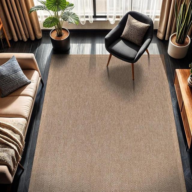 CAMILSON Easy Jute Rug 6x9, Indoor Outdoor Natural Color Fiber Area Rugs for Living Room Patio and Bedroom Rug Herringbone Seagrass Woven Design Easy-Cleaning, Washable Outside Carpet Alfombras 6 x 9