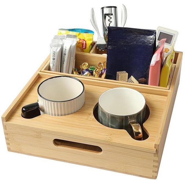 ROCDEER Large Bamboo Couch Caddy, Sofa Cup Holder Tray with 7 Compartments, Couch and Bedside Organizer for Drinks, Snacks, and Remotes (Large)