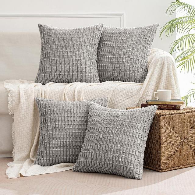 MIULEE Pack of 4 Light Grey Corduroy Decorative Throw Pillow Covers 18x18 Inch Soft Boho Striped Pillow Covers Modern Farmhouse Home Decor for Sofa Living Room Couch Bed