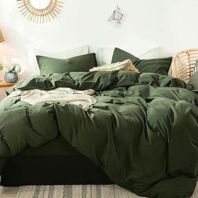 MooMee Bedding Duvet Cover Set 100% Washed Cotton Linen Like Textured Breathable Durable Soft Comfy (Olive Green, Oversized King)