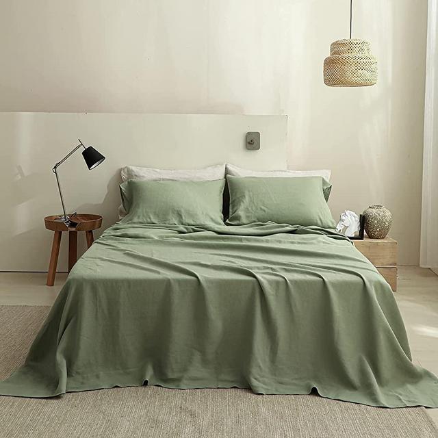 Simple&Opulence 100% Linen Sheet Set Solid Color-4 Pcs Washed French Linen Bed Sheets(1 Flat Sheet,1 Fitted Sheet,2 Pillowcases)-Breathable Bedding Set (Sage Green, Queen)